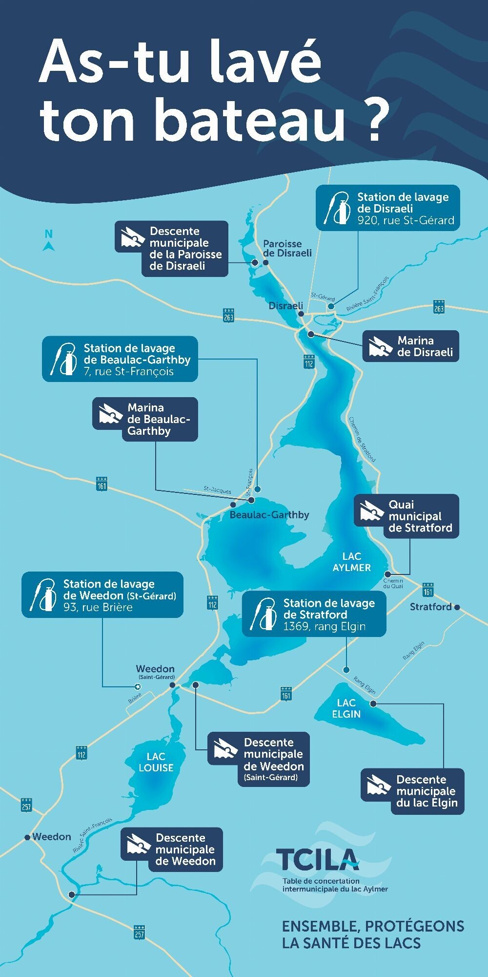 Carte stations lavage descente bateaux lac Aylmer